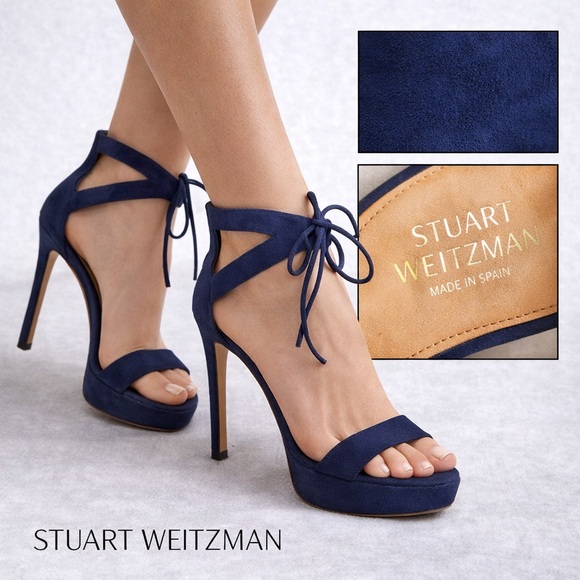 Stuart Weitzman Blue Suede Platform Heels 7.5 Made in Spain Lace-Up Stiletto